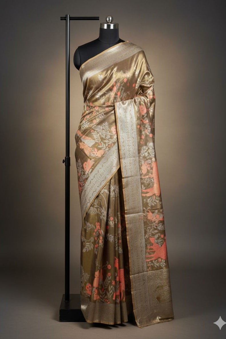 Nature’s Symphony Tissue Silk Saree – Deer & Jungle Motif Collection