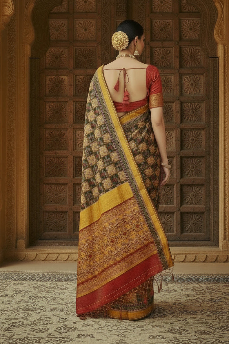 Patola Double Ikat Silk Saree – Maroon with Mustard Border & Multicolour Motifs