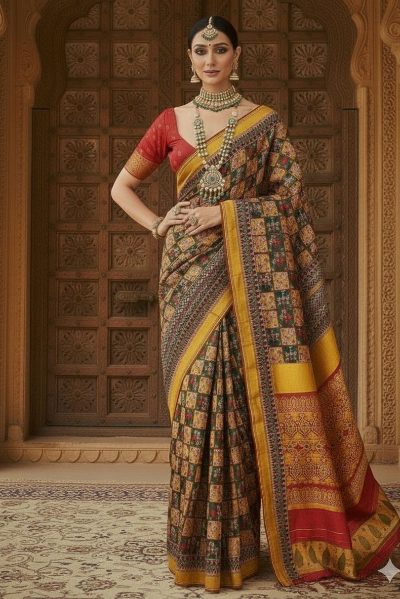 Patola Double Ikat Silk Saree – Maroon with Mustard Border & Multicolour Motifs