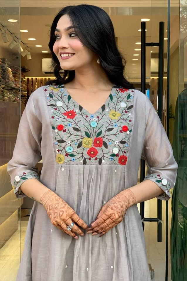 Grey Mul Cotton Embroidered Kurti Pant Set with Matching Dupatta