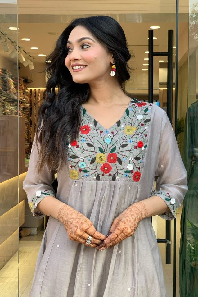 Grey Mul Cotton Embroidered Kurti Pant Set with Matching Dupatta
