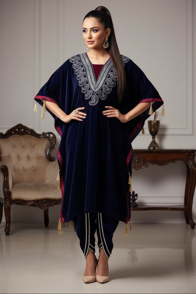 Royal Blue Velvet Kaftan Dhoti Pant Set with Embellished Neckline