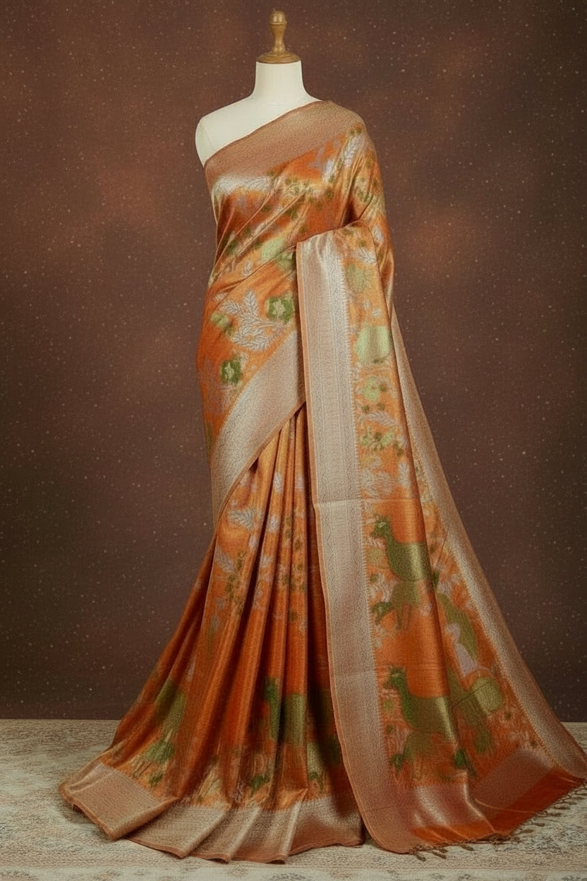 Terracotta Nature’s Symphony Tissue Silk Saree – Jungle Motif Edition