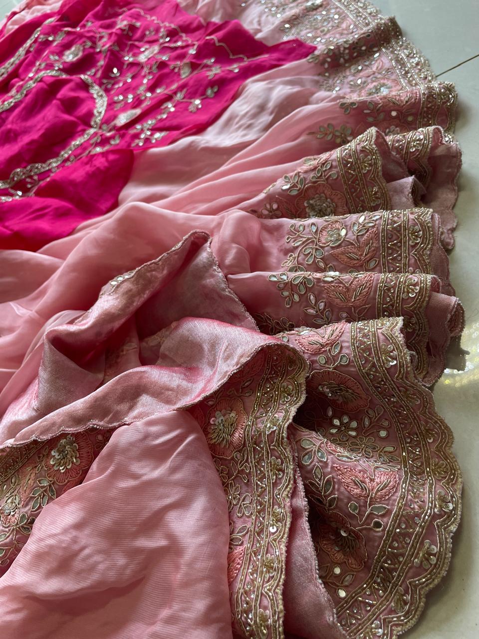 Blush Peach Soft Organza Tissue Saree with Hand Embroidery & Contrast Blouse