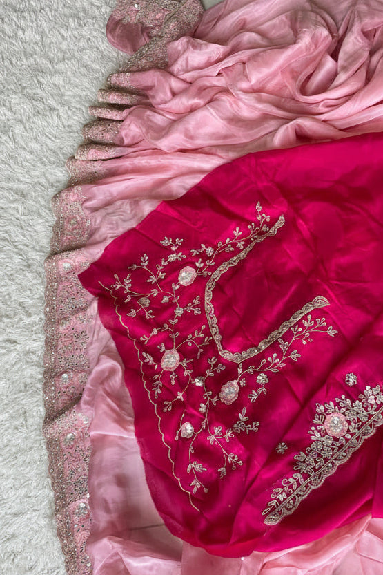 Blush Peach Soft Organza Tissue Saree with Hand Embroidery & Contrast Blouse