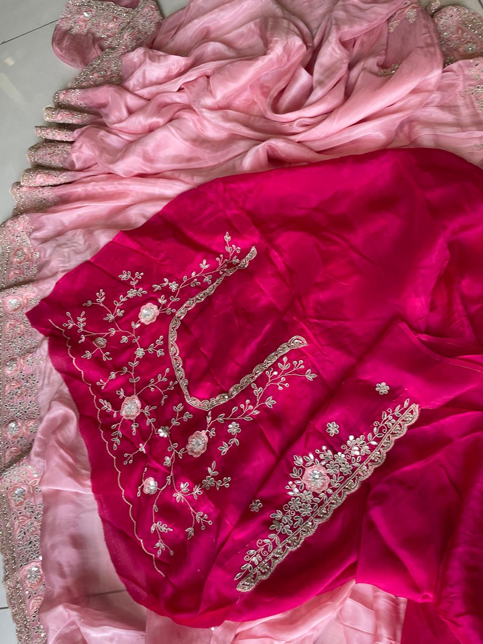 Blush Peach Soft Organza Tissue Saree with Hand Embroidery & Contrast Blouse