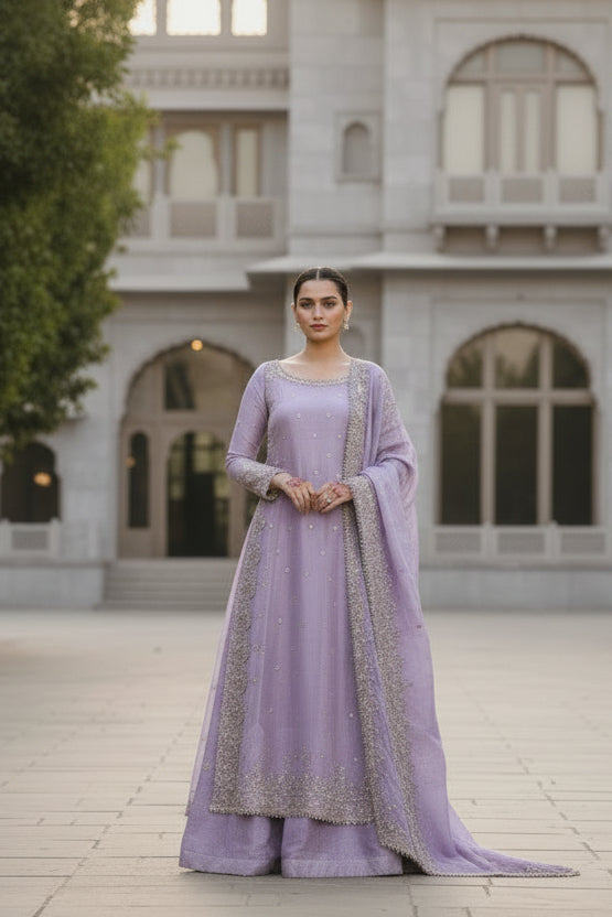 Lavender Embroidered Designer Palazzo Set with Dupatta-Party Wear