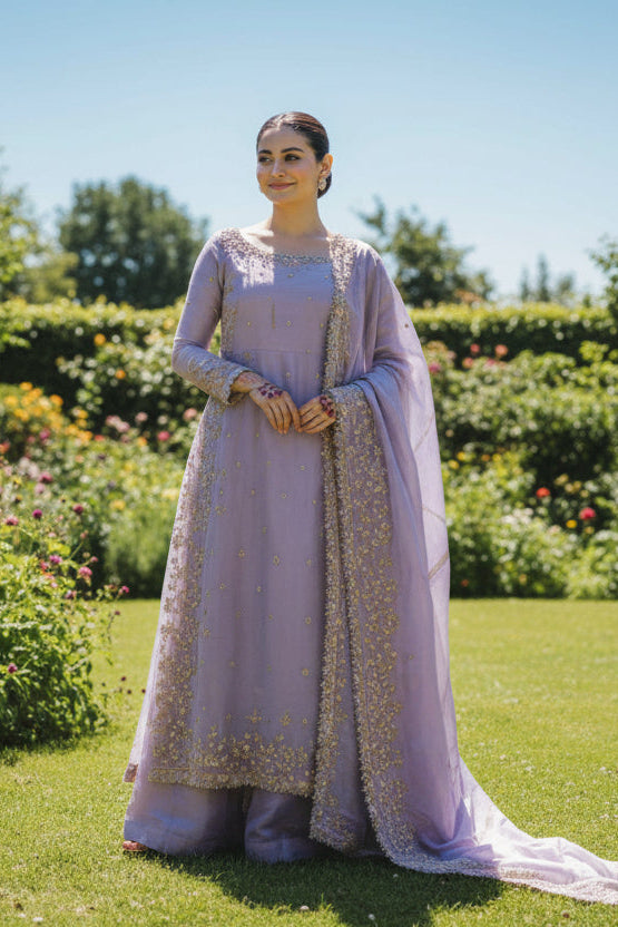 Lavender Embroidered Designer Palazzo Set with Dupatta-Party Wear