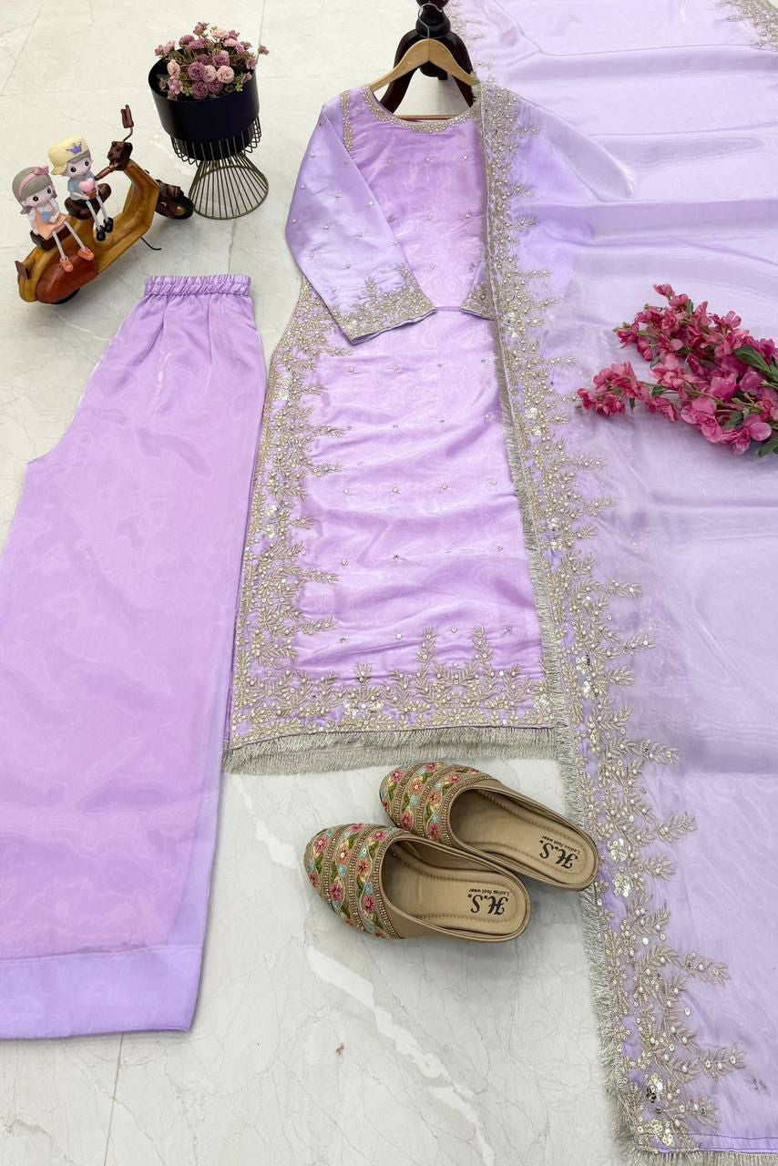 Lavender Embroidered Designer Palazzo Set with Dupatta-Party Wear