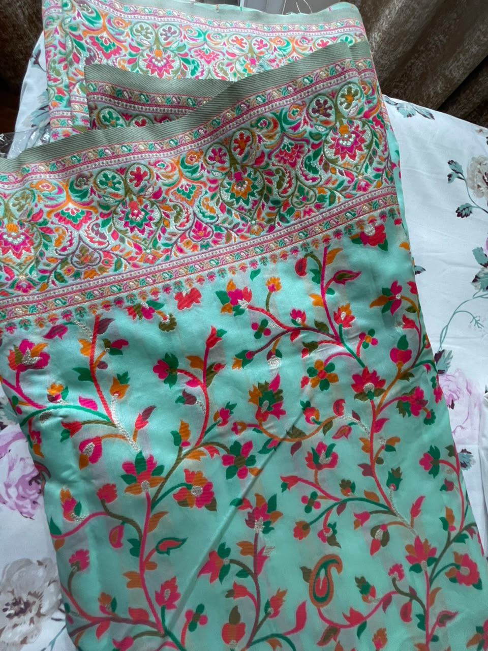 Aqua Pashmina Saree with Multicolour Floral Weave & Ornate Border