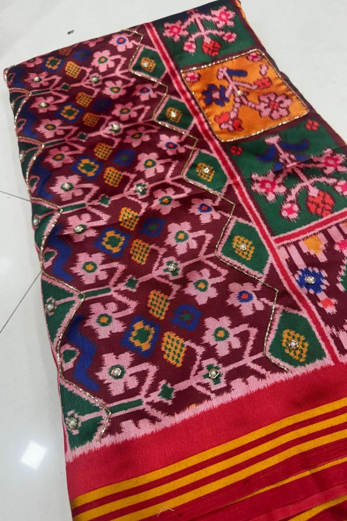 Patola Double Ikat Silk Saree – Maroon with Mustard Border & Multicolour Motifs