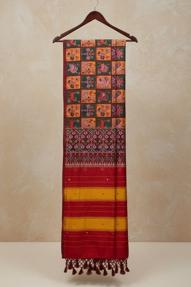Patola Double Ikat Silk Saree – Maroon with Mustard Border & Multicolour Motifs