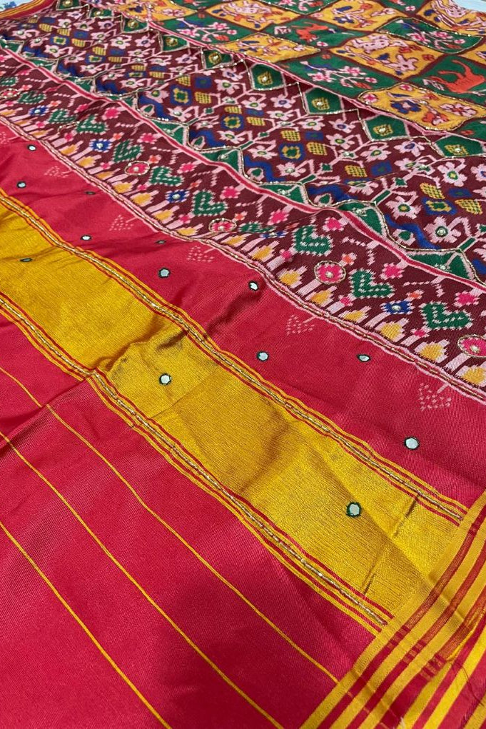 Patola Double Ikat Silk Saree – Maroon with Mustard Border & Multicolour Motifs