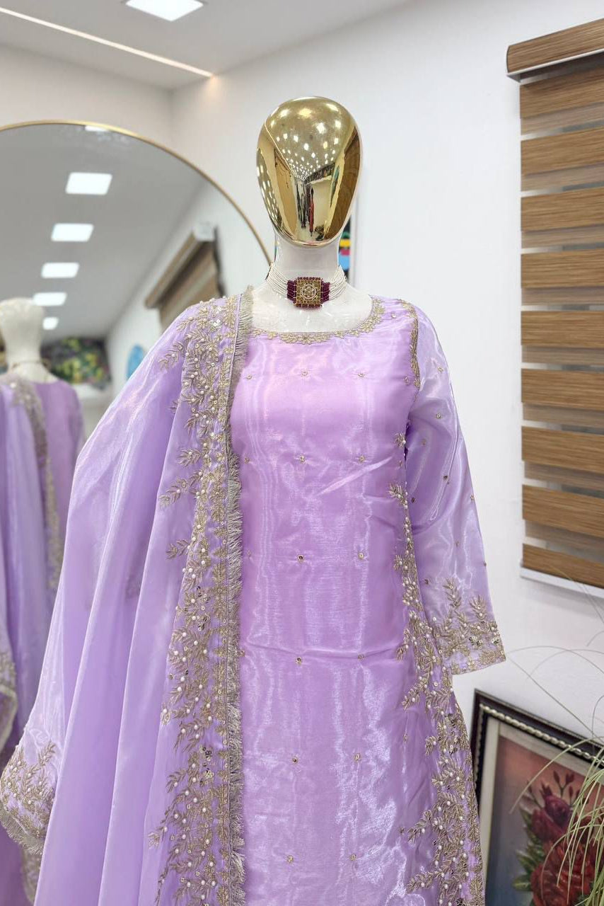 Lavender Embroidered Designer Palazzo Set with Dupatta-Party Wear