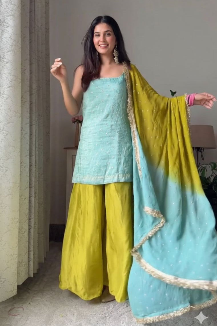 Aqua Lime Chinon Silk Sequins Palazzo Set with Designer Dupatta