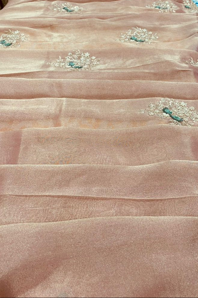 Blush Pink Tissue Kanjivaram Saree with Silver Zari & Teal Floral Embroidery