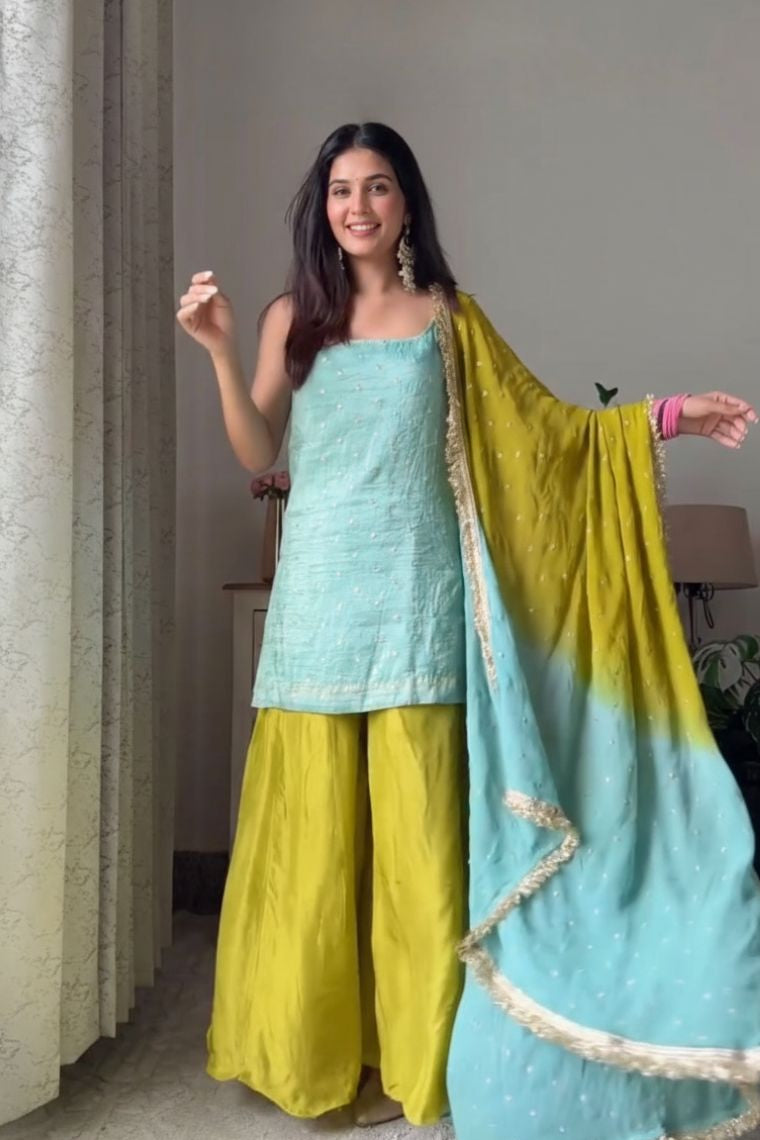 Aqua Lime Chinon Silk Sequins Palazzo Set with Designer Dupatta