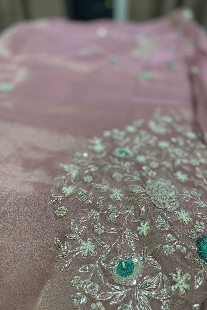 Blush Pink Tissue Kanjivaram Saree with Silver Zari & Teal Floral Embroidery