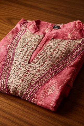 Blush Pink Chinon Silk Cord Set with Seashell & Jute Lace Border