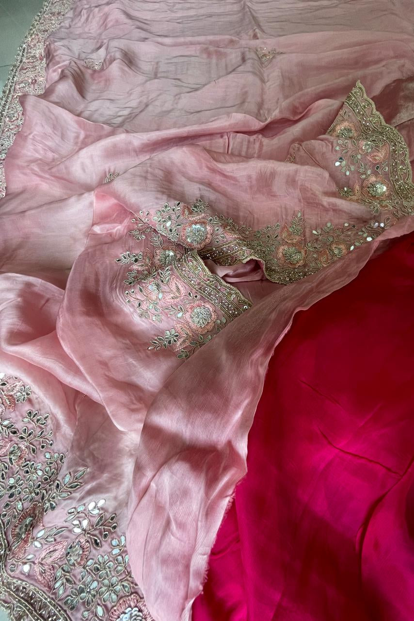 Blush Peach Soft Organza Tissue Saree with Hand Embroidery & Contrast Blouse