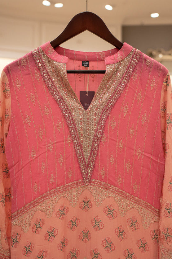 Blush Pink Chinon Silk Cord Set with Seashell & Jute Lace Border