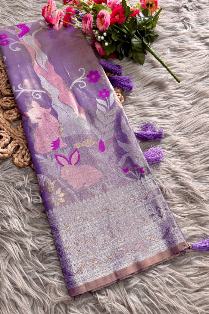 Lavender Tissue Silk Saree – Nature Motif Weave with Rich Pallu