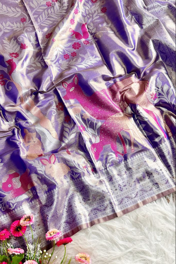 Lavender Tissue Silk Saree – Nature Motif Weave with Rich Pallu
