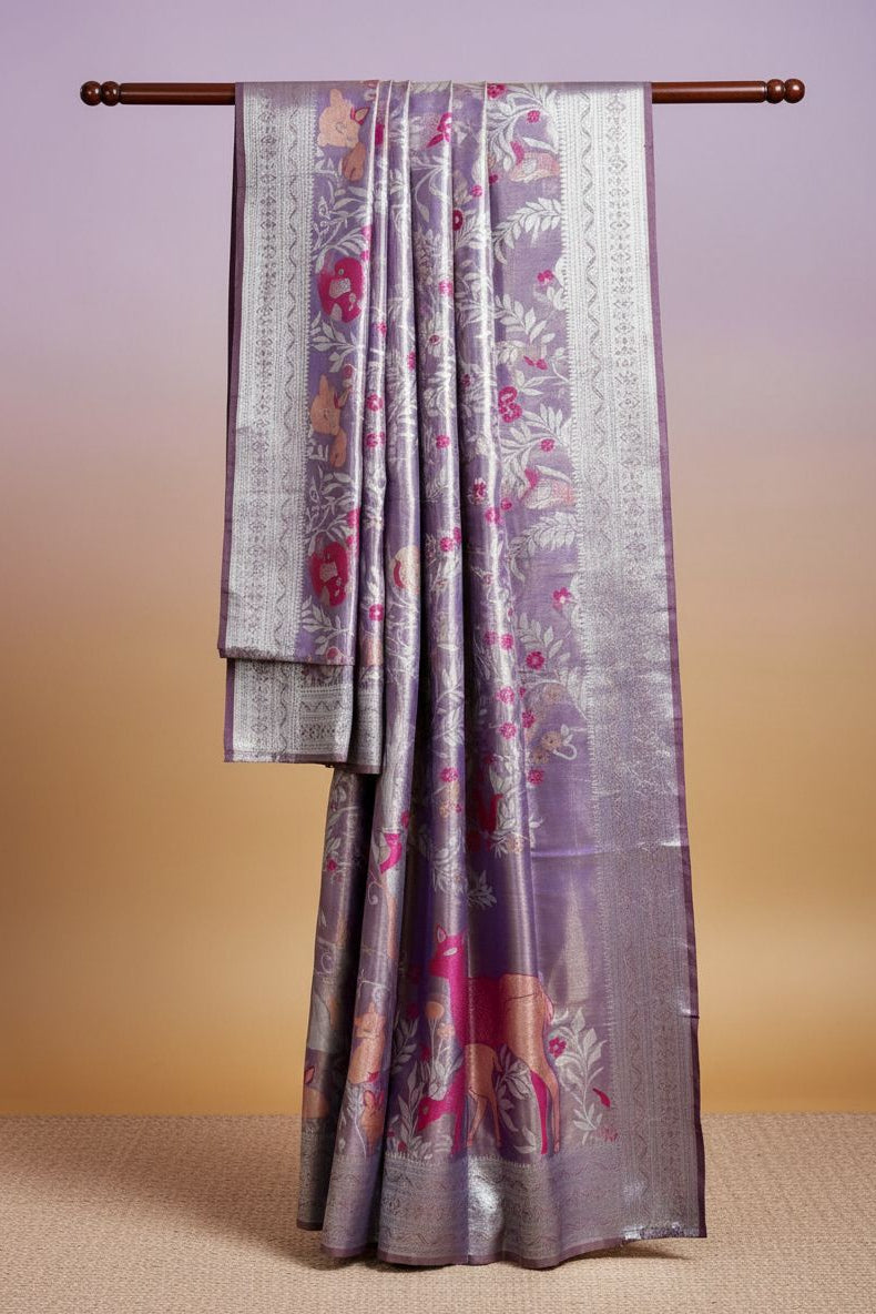 Lavender Tissue Silk Saree – Nature Motif Weave with Rich Pallu