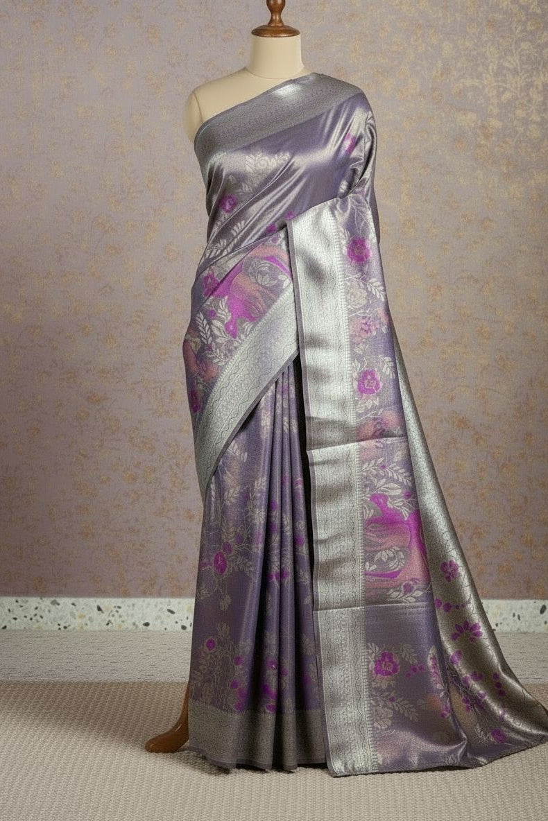 Lavender Tissue Silk Saree – Nature Motif Weave with Rich Pallu