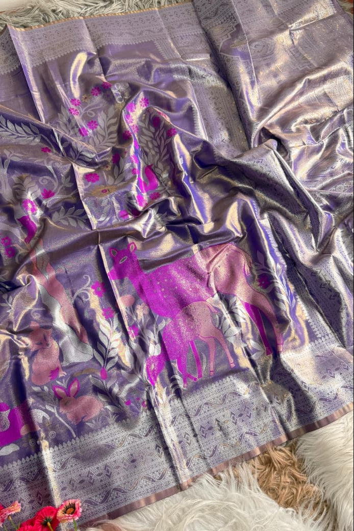 Lavender Tissue Silk Saree – Nature Motif Weave with Rich Pallu