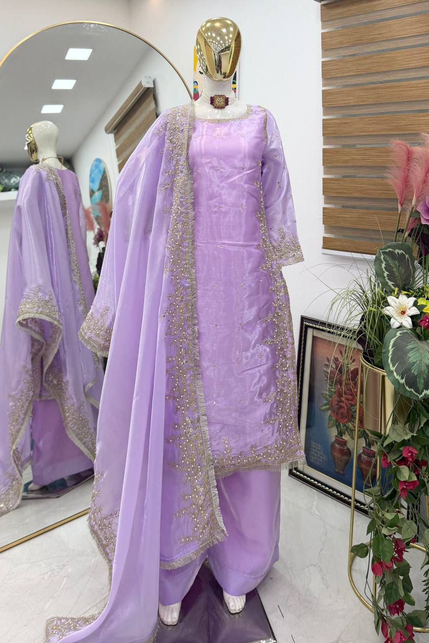 Lavender Embroidered Designer Palazzo Set with Dupatta-Party Wear