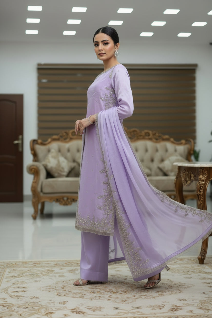 Lavender Embroidered Designer Palazzo Set with Dupatta-Party Wear