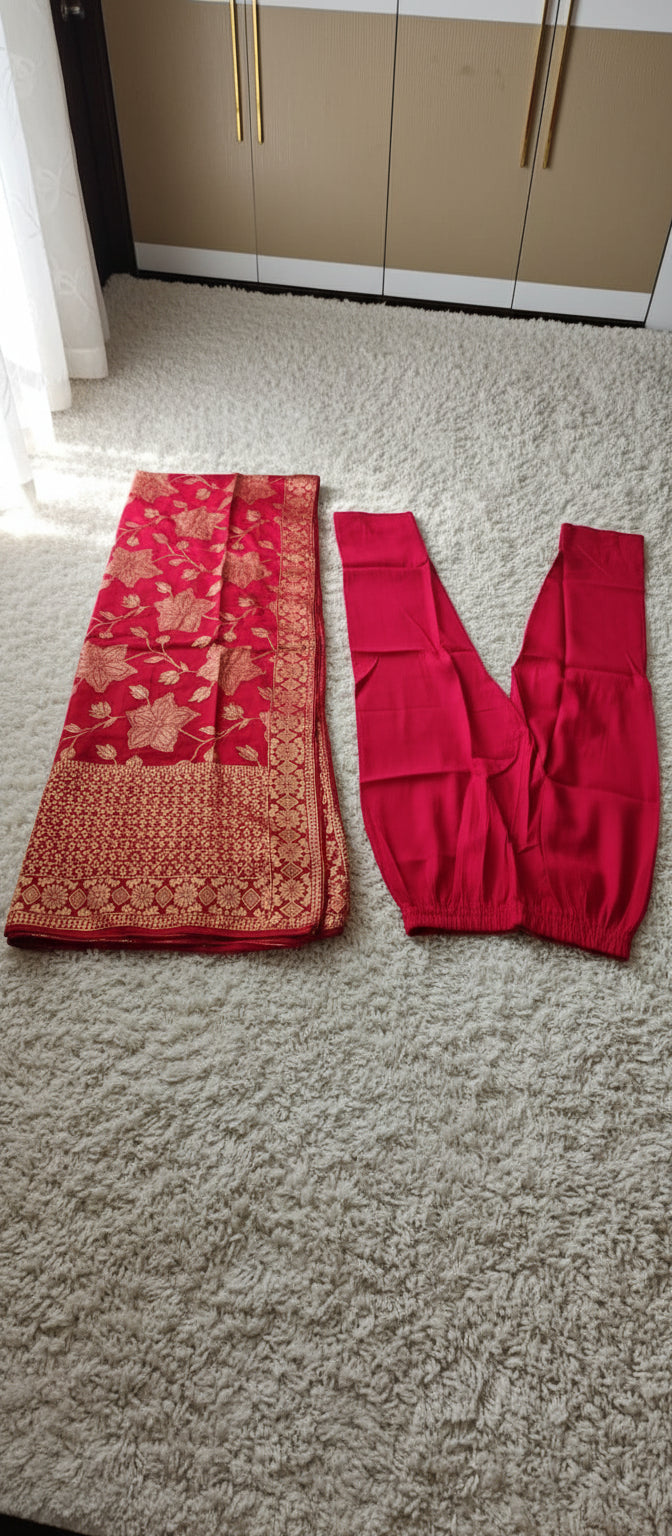 Roman Silk Kurti Set with Pearl & Mirror Embroidery and Banarasi Dupatta