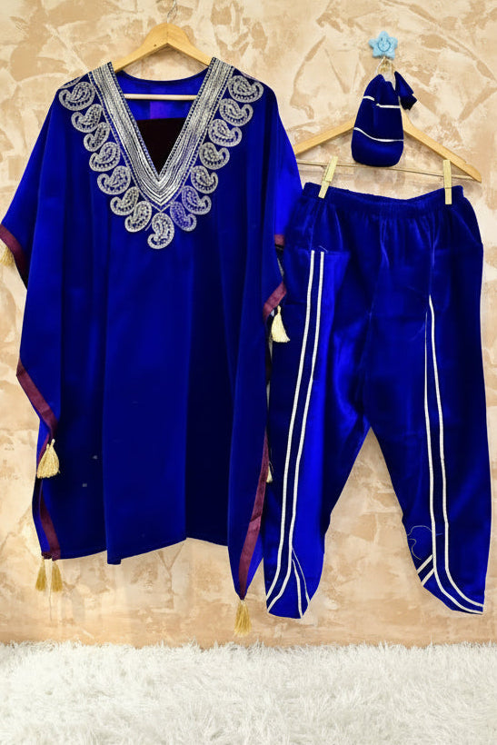 Royal Blue Velvet Kaftan Dhoti Pant Set with Embellished Neckline
