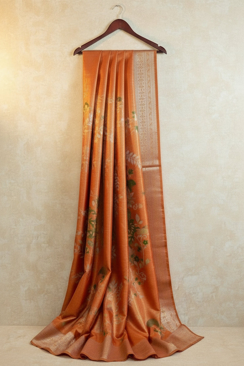 Terracotta Nature’s Symphony Tissue Silk Saree – Jungle Motif Edition