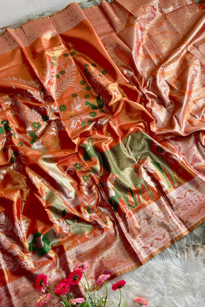 Terracotta Nature’s Symphony Tissue Silk Saree – Jungle Motif Edition