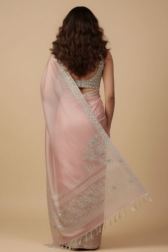 Blush Pink Tissue Kanjivaram Saree with Silver Zari & Teal Floral Embroidery