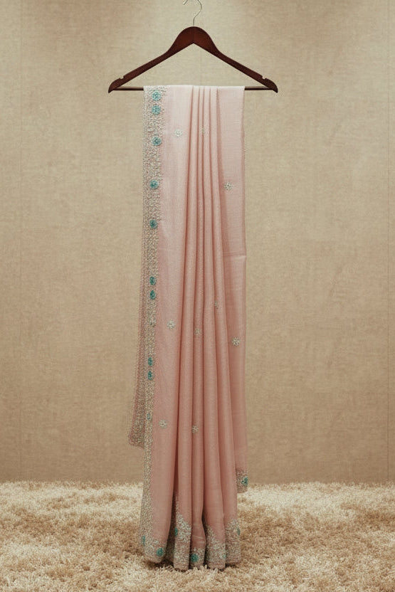 Blush Pink Tissue Kanjivaram Saree with Silver Zari & Teal Floral Embroidery