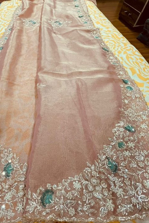 Blush Pink Tissue Kanjivaram Saree with Silver Zari & Teal Floral Embroidery