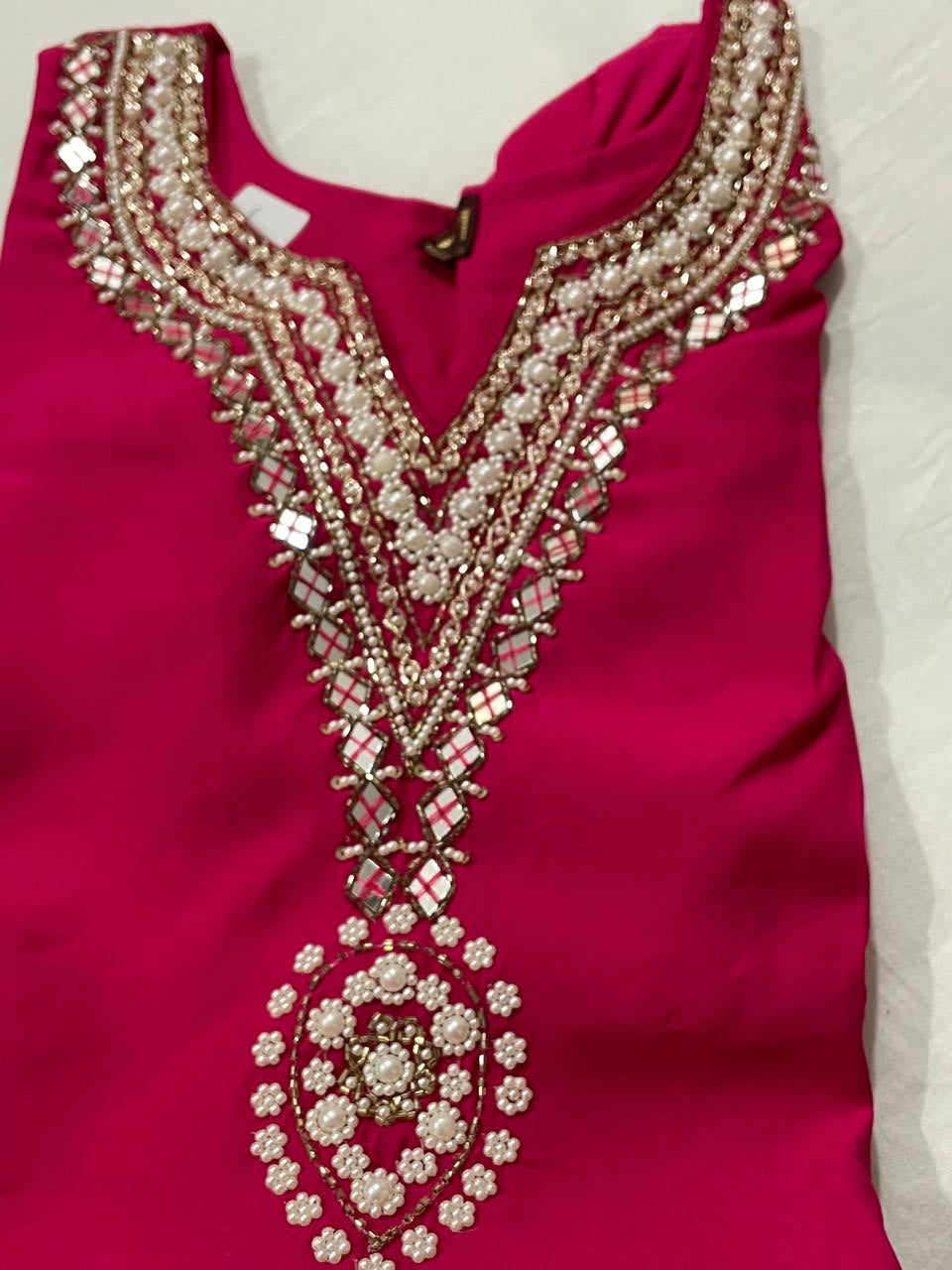 Roman Silk Kurti Set with Pearl & Mirror Embroidery and Banarasi Dupatta