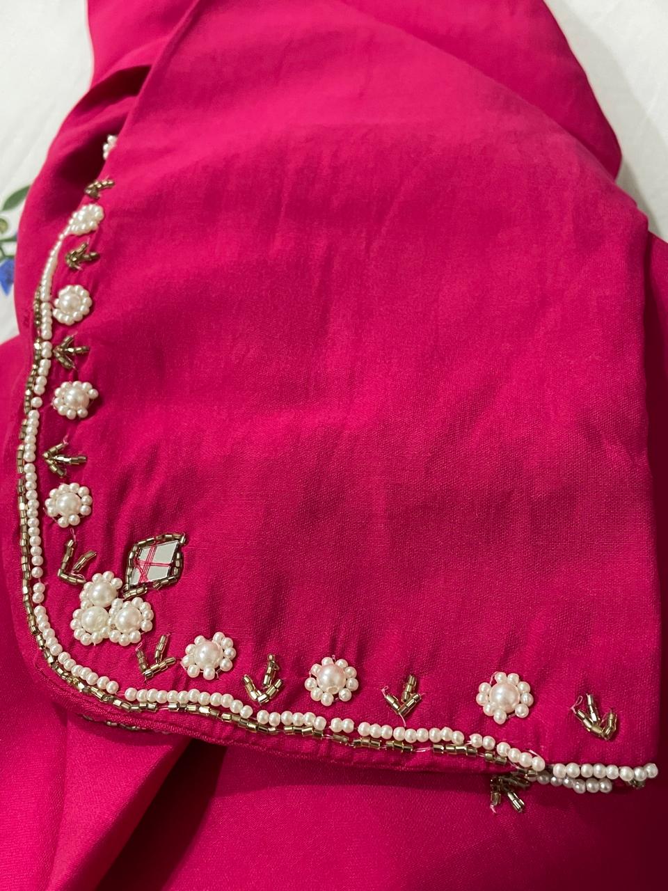 Roman Silk Kurti Set with Pearl & Mirror Embroidery and Banarasi Dupatta