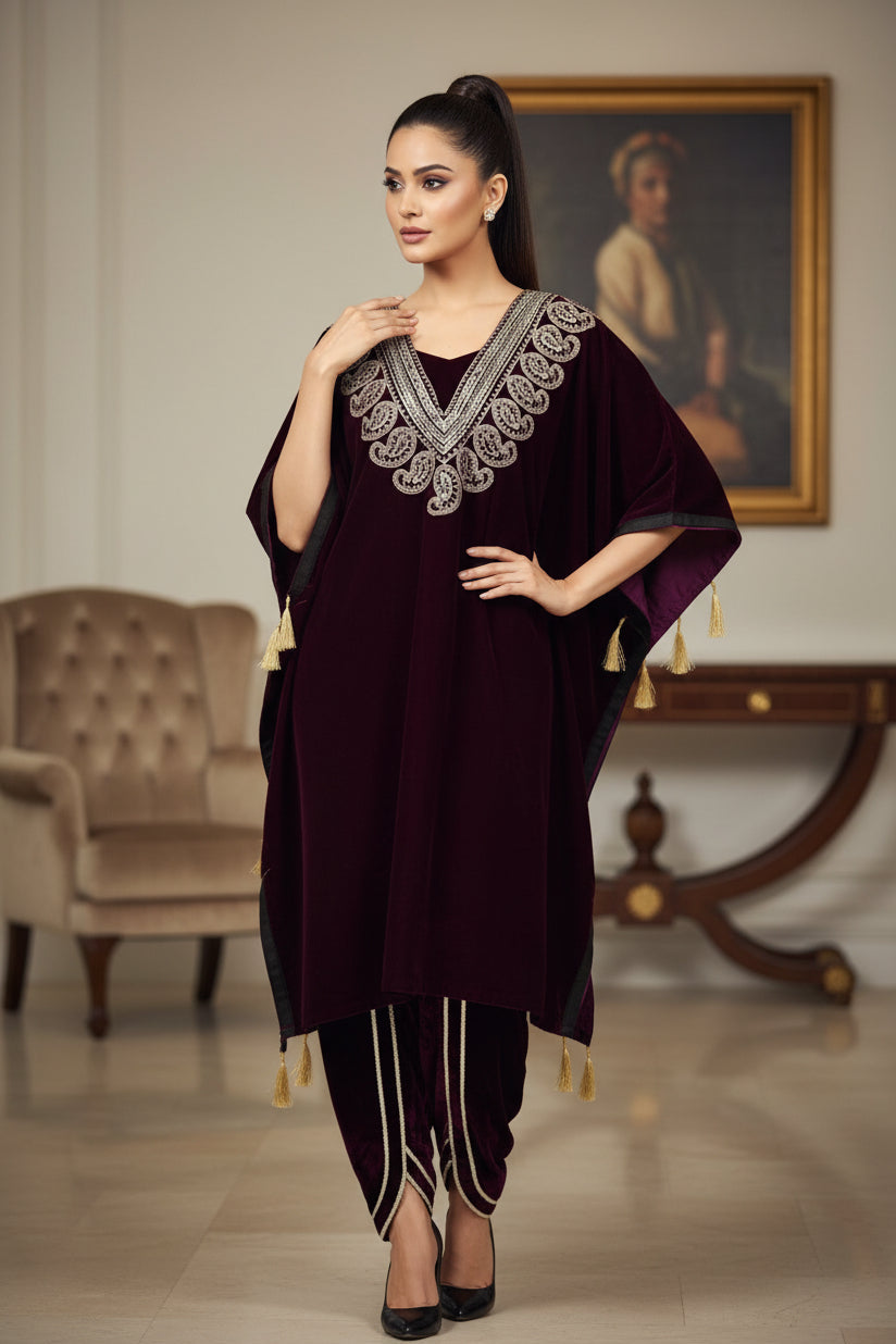 Royal Blue Velvet Kaftan Dhoti Pant Set with Embellished Neckline