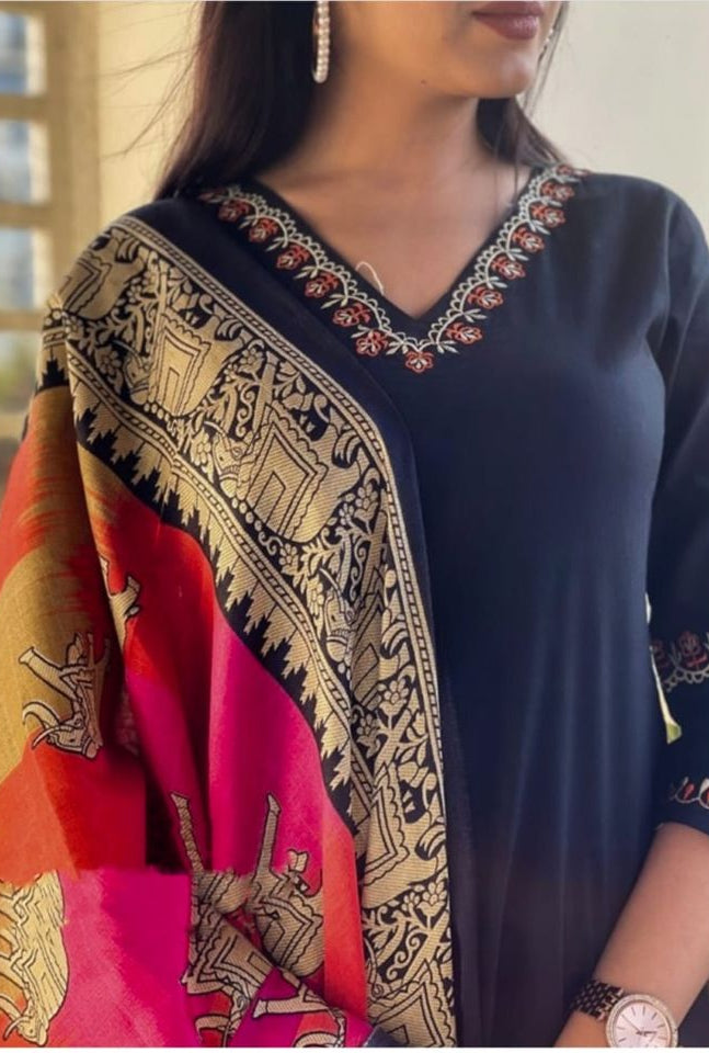 Classy Black Cotton Embroidery Suit Paired with Khadi Silk Mangalpuri Dupatta