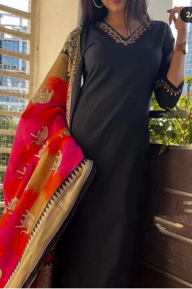 Classy Black Cotton Embroidery Suit Paired with Khadi Silk Mangalpuri Dupatta