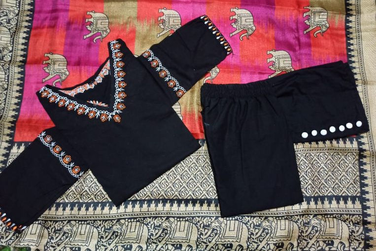Classy Black Cotton Embroidery Suit Paired with Khadi Silk Mangalpuri Dupatta