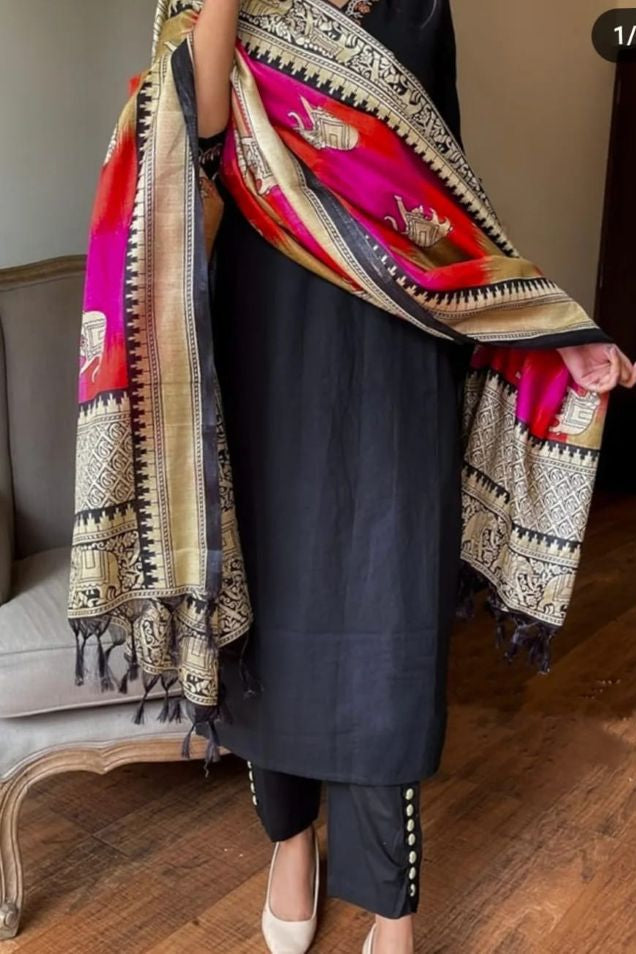 Classy Black Cotton Embroidery Suit Paired with Khadi Silk Mangalpuri Dupatta