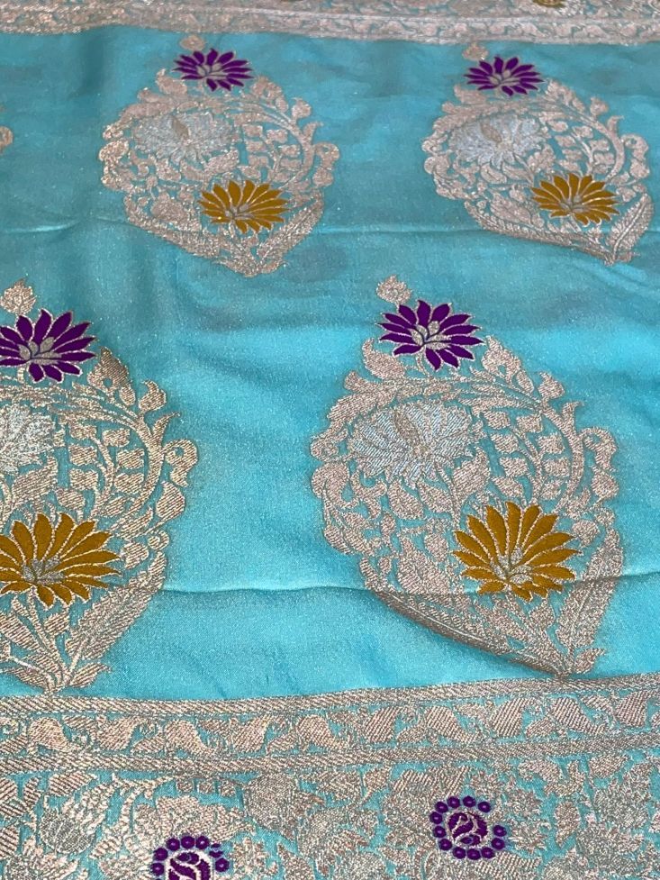 Super Soft Sky Blue Mashru Banarasi Silk Saree with Golden Zari