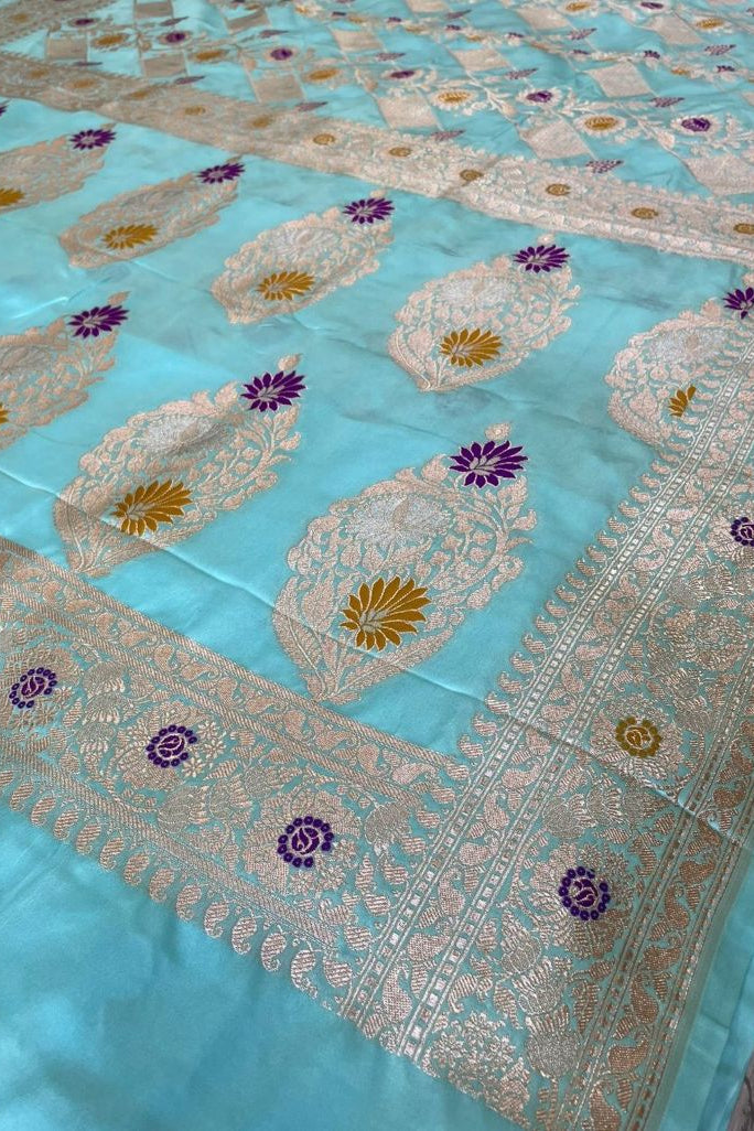 Super Soft Sky Blue Mashru Banarasi Silk Saree with Golden Zari