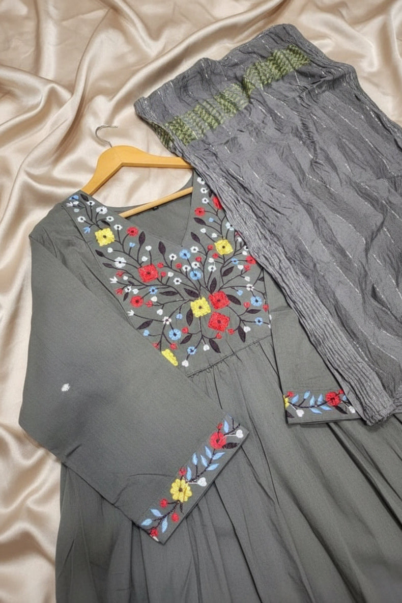 Grey Mul Cotton Embroidered Kurti Pant Set with Matching Dupatta