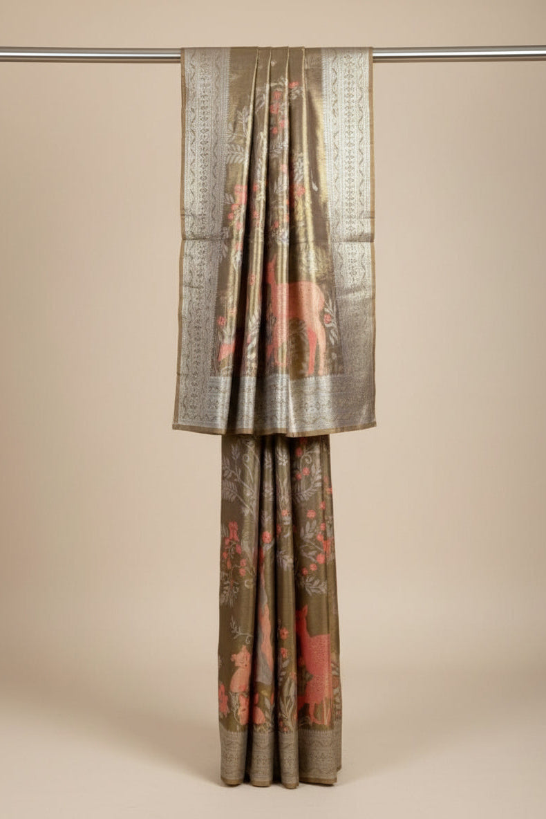 Nature’s Symphony Tissue Silk Saree – Deer & Jungle Motif Collection